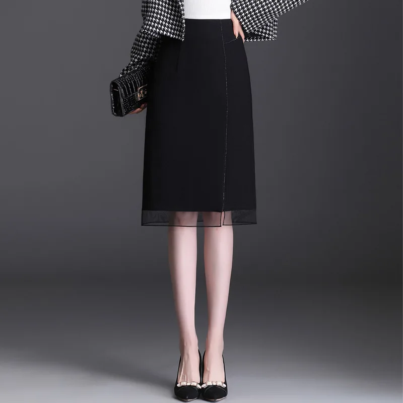 

Mesh Splice Black Bodycon Skirt Women 2021 Autumn Elegant Chic Office Lady Elastic High Waist Slim Suit Skirts Pencil Skirt 9206