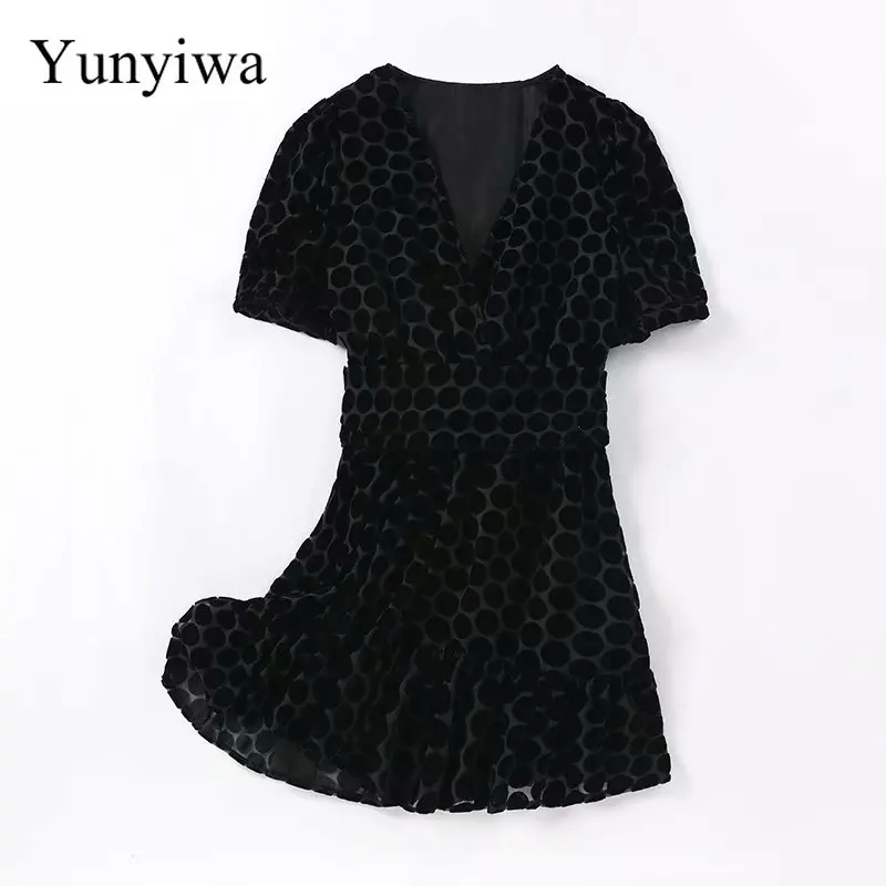 Новинка 2020 женское бархатное жаккардовое платье с V образным вырезом и коротким