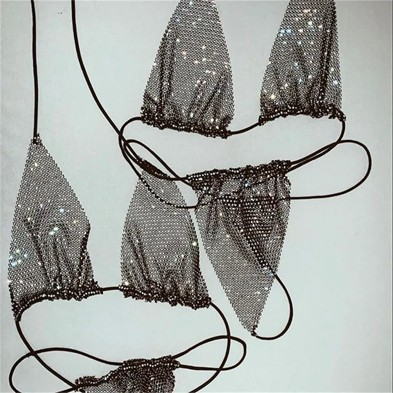 

Bling Rhinestones Fishnet Bra Panty Set Women Halter Bra Sexy Panty 2 Piece Outfits Lady Lingerie Matching Sets Underwear Set