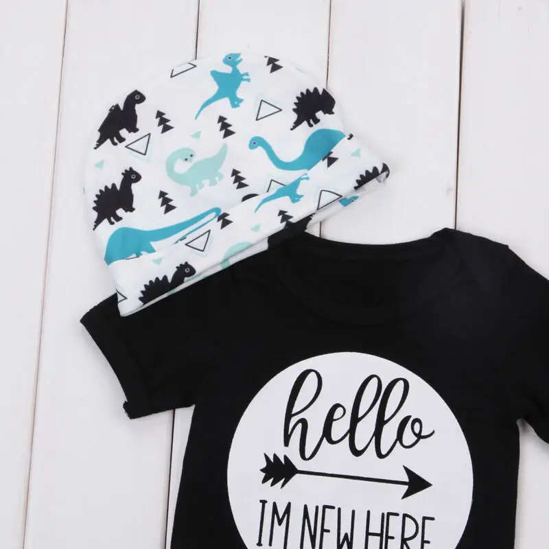 2019 Baby Summer Clothing Newborn Girl Boy Dinosaur Short Sleeve Bodysuit Pants Hat 3Pcs Cartoon Outfits Clothes Set 0-18M | Детская