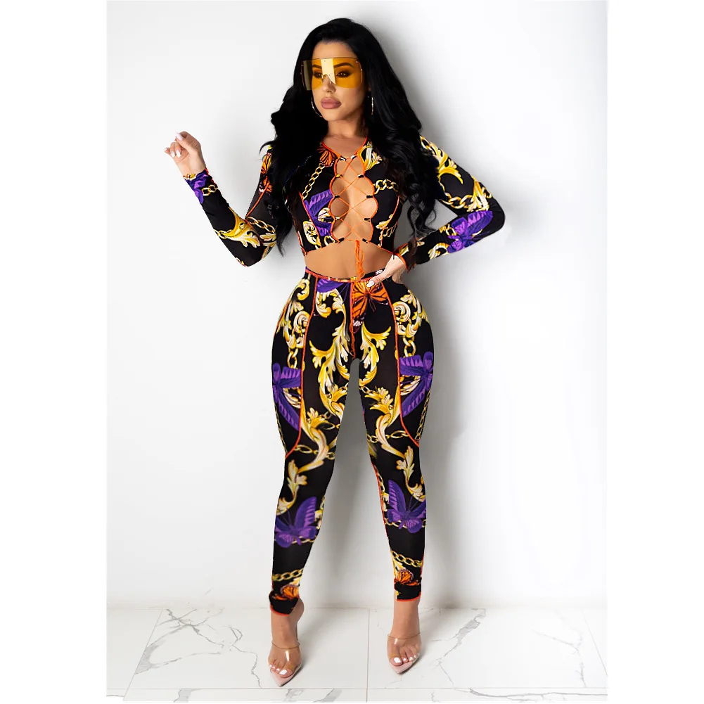 

Zoctuo Two Piece Sets For Women Printing Sexy Nightclub Two Piece Sets Fashion Lace-up Skinny Hollow Out Party Outfits 2021 New
