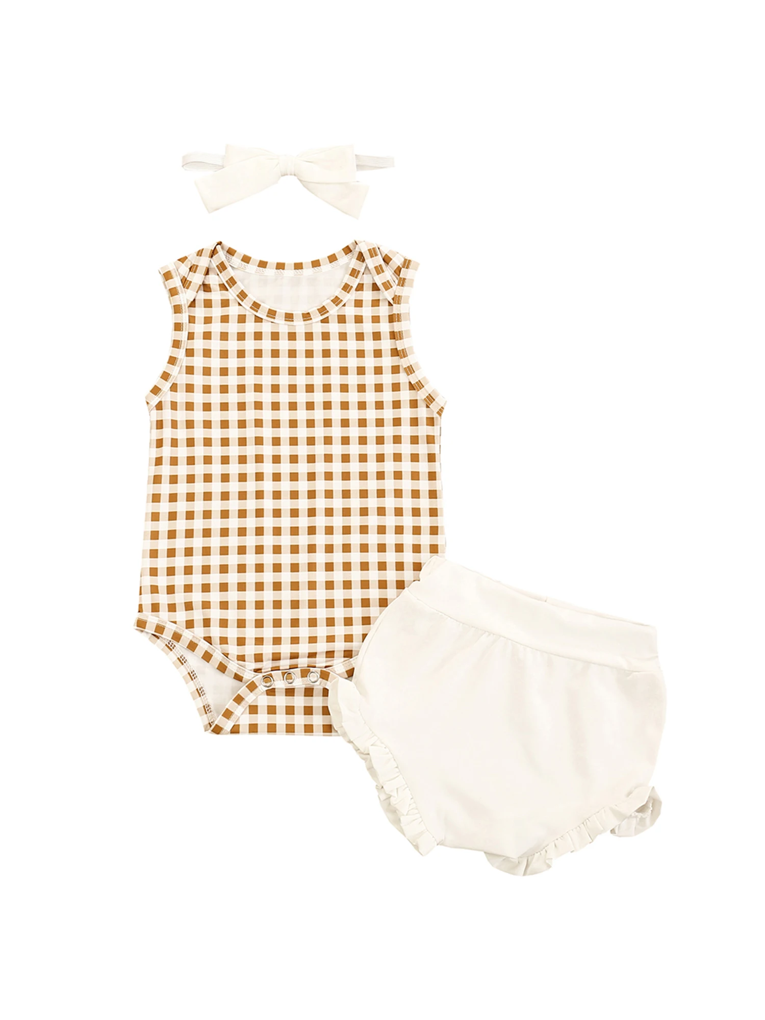 

Summer Infant's Three Piece Set Sleeveless Check Pattern Romper High Waist Ruffled Hem Shorts Bow Hair Band for Baby Hot Sale
