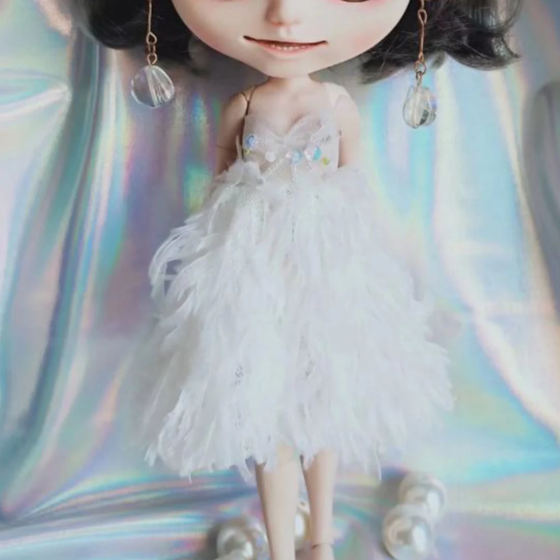 Белое платье Modikerbjd с имитацией перьев для куклы блайз ткань на заказ без и обруча