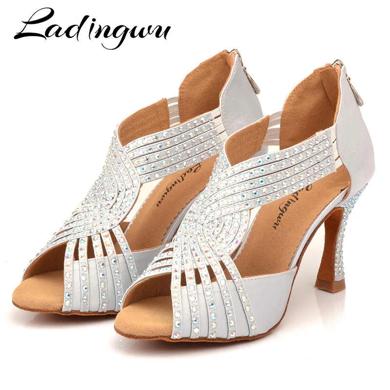 Ladingwu-zapatos de baile latino para mujer, calzado de Salsa, colocación de satén gris plateado, brillante, con diamantes de imitación, para salón de baile, para interiores