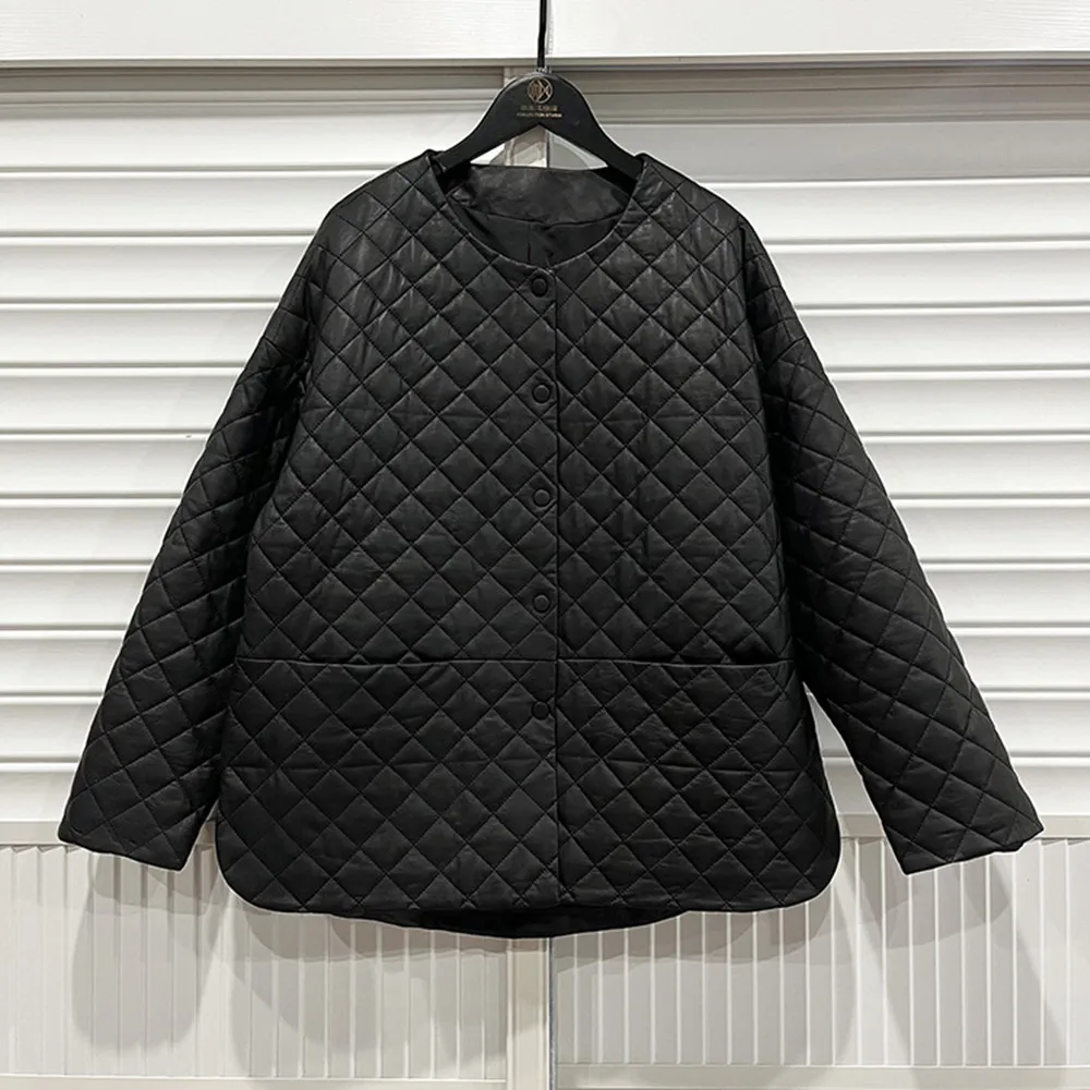 Spring Autumn Korean Style Women's High Quality Plaid Quilting O-neck Genuine Leather Coat F055