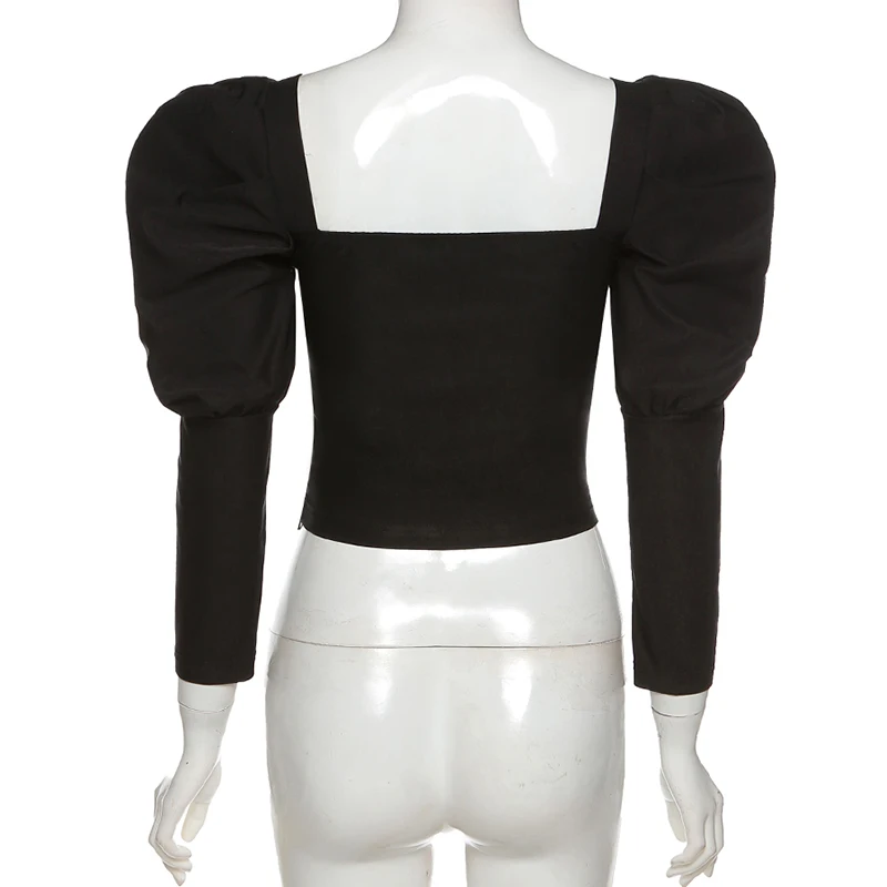 

AIIOU 2021 Spring Autumn Fashion Square Collar Mesh Patchwork Elegant Puff Sleeve Women Casual T-shirt Slim Wild Was Thin Tee