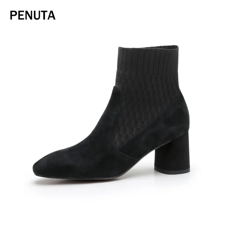 PENUTA; женские эластичные сапоги; замшевые ботильоны; Женская эластичная Осенняя обувь на не сужающемся книзу высоком массивном каблуке; дизайн; PD984