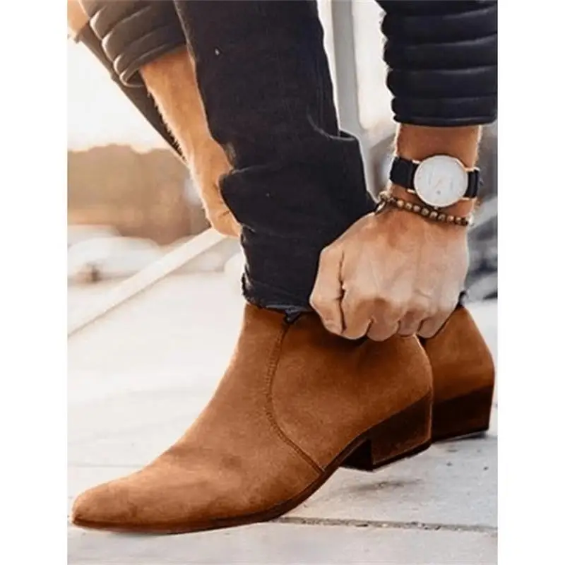 

New Men Shoes Brown Suede Classic Pointed Toe Mid-heel Zipper Daily Fashion Trend Wild High-quality Dress Chelsea Boots KS502