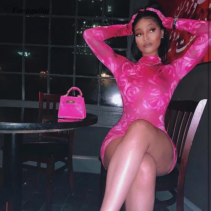 

Floral Print Sexy Women Dresses with Gloves Long Sleeve Party Clubwear Pink Fashion Bodycon 2021 Skinny Slim