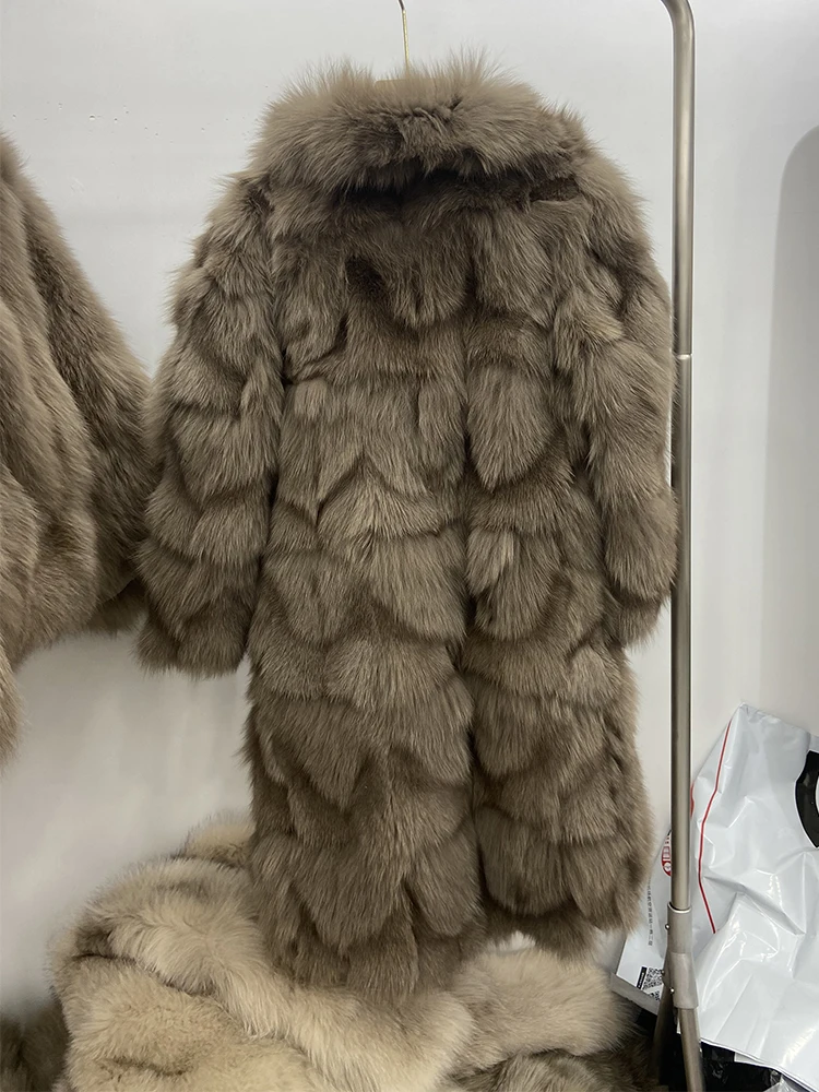 Women's Thick 100% Real Fox Fur Long Warm Long Sleeve Loose Overcoat Winter Warm Real Fox Coat