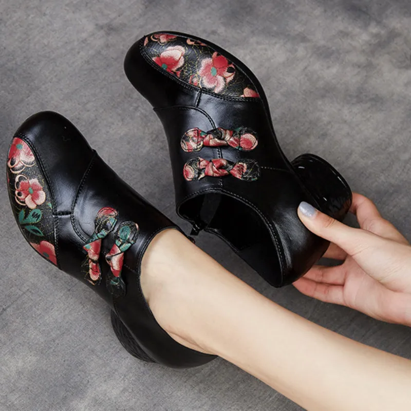 

Woman Mid Heels Shoes Casual Flowers Pumps Black Red Purple Genuine Leather Pump 2021 Spring Shoe for Women Size 35-41