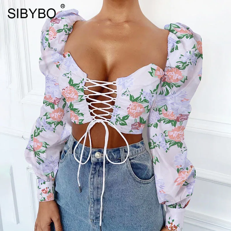 SIBYBO, цветочный принт, шнуровка, сексуальный укороченный топ, женский, длинный рукав, полый, тонкий, осенняя футболка, Женская повязка, повседневные, женские топы