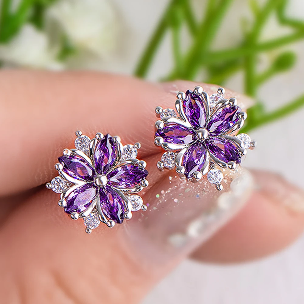 

Exquisite Cute Flower Stud Earrings for Women 14K White Gold Purple Pink Red Zircon Earrings Sakura Earrings Girls Birthday Gift