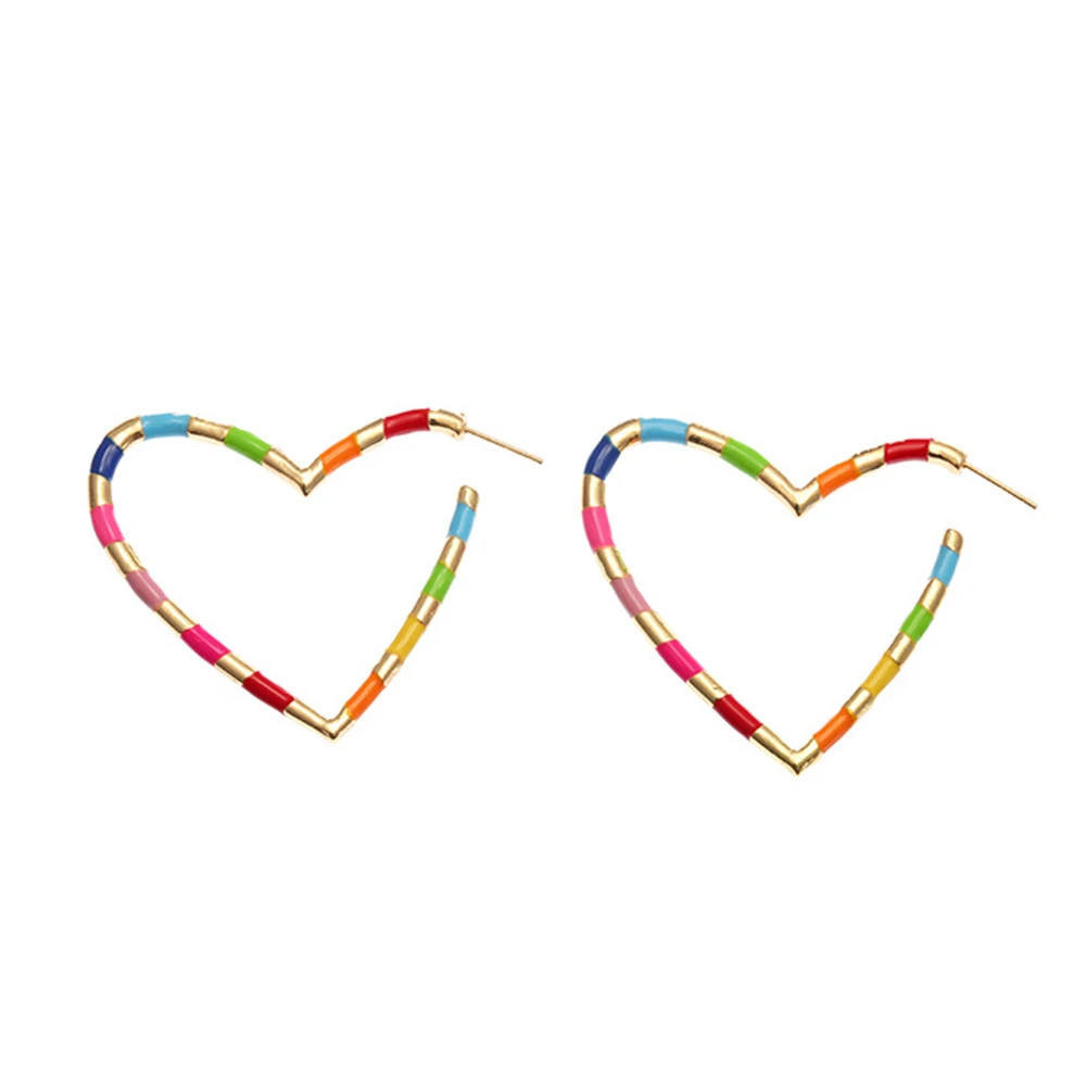 Женские серьги кольца в разноцветную полоску большие форме сердца для вечеринки