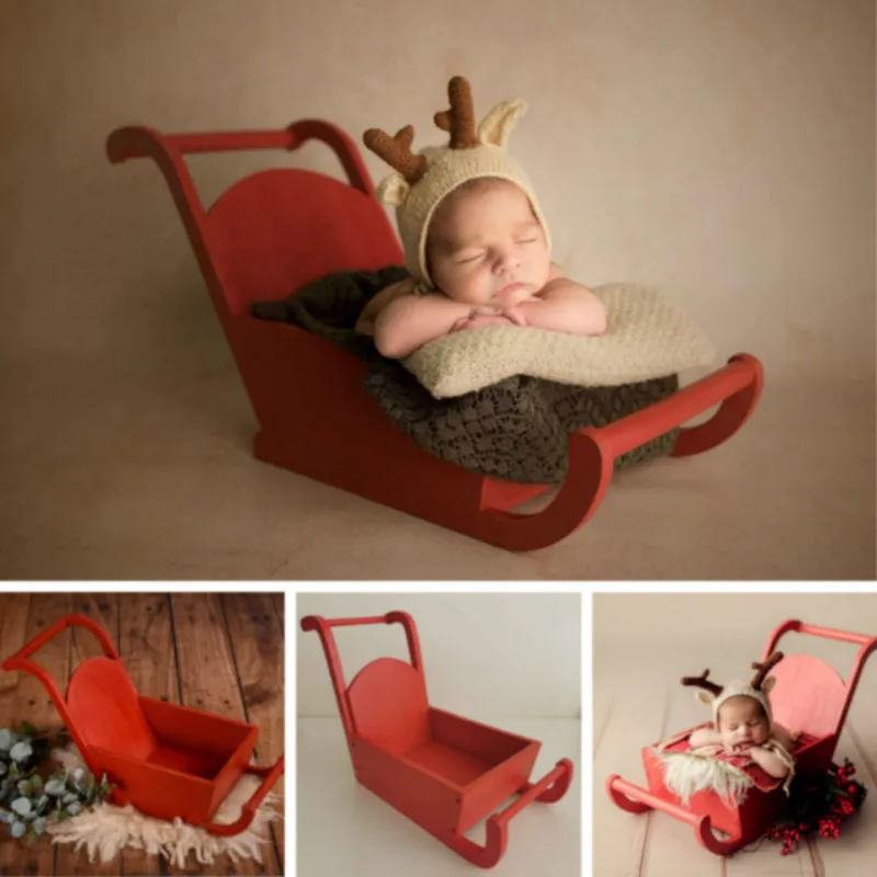 Newborn Photography Props Full-moon Baby Shoot Accessories Christmas Theme Red Mini Sleigh Car Creative Props Baby Photo Bed