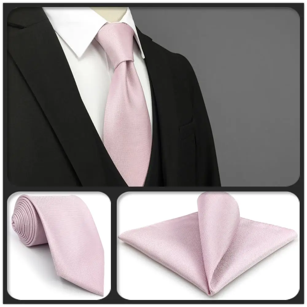 

F8 Baby Pink Solid Men Necktie Set Silk Fashion Ties for Male Wedding Extra Long Size 63" 160cm Gift Hanky Classic