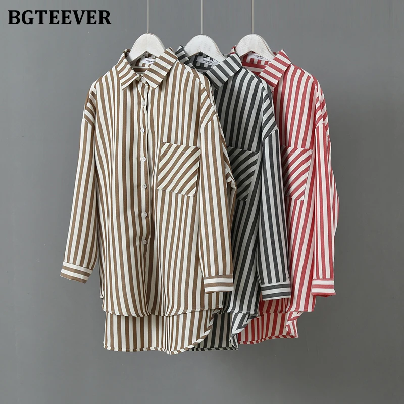 BGTEEVER 2020 женские рубашки в полоску блузки однобортные с карманами длинным рукавом