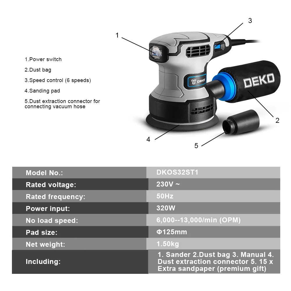 Шлифовальная машина DEKO электрическая 320 Вт 16 наждачной бумаги 125 мм | Инструменты
