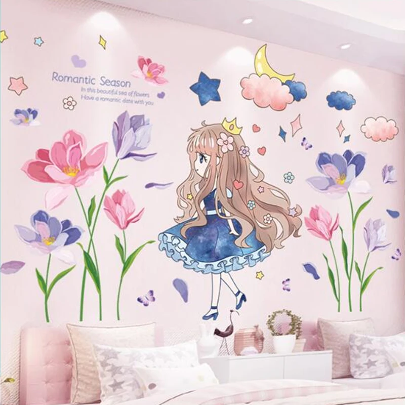 

[shijuekongjian] Flower Plants Wall Stickers DIY Cartoon Girl Wall Decals for Living Room Kids Bedroom Kitchen Home Decoration