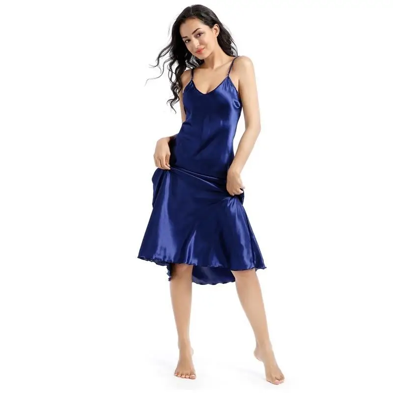 

Women Medium Long Slim Sexy Large V-neck Sling Soft And Smooth Thin Twisted Satin Silk Nightdress Nightgown Comfortable Pajamas