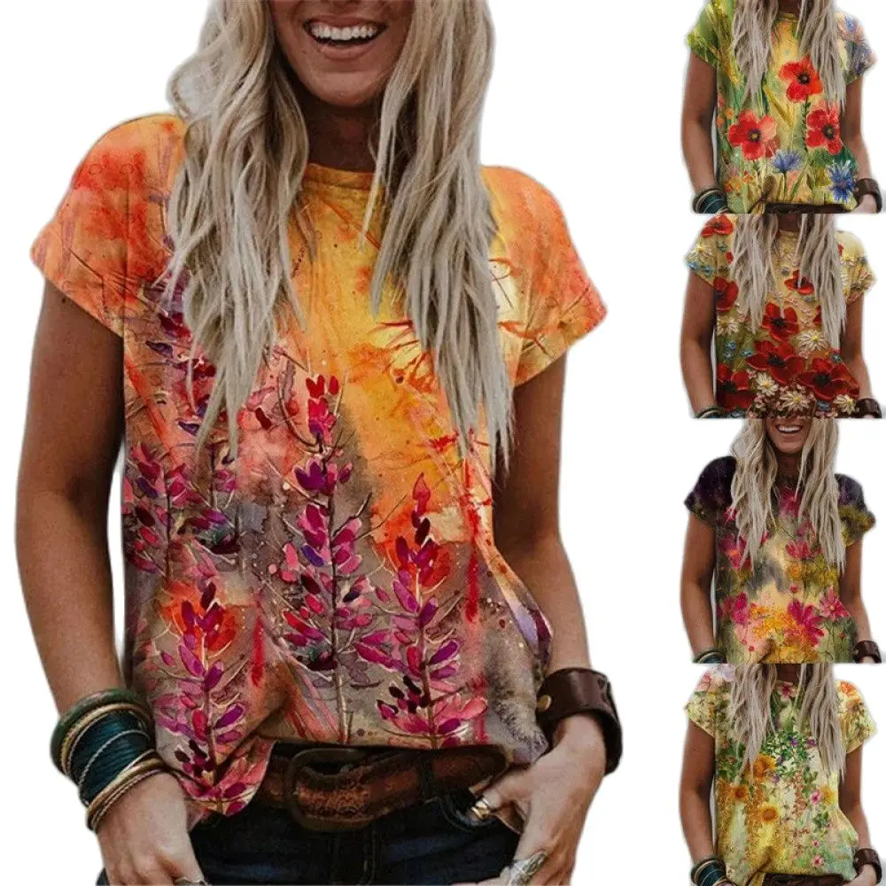 

Women T-Shirts Short Sleeve Casual Tee Summer Flower Print Fashion Tops 5XL Oversized Female Loose T-Shirt O-Neck Plus Size