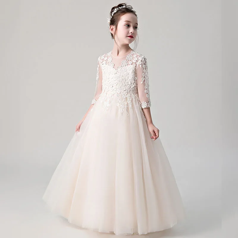 Свадебные платья для девочек с цветочным узором цвета шампанского Yiiya B037 Детское