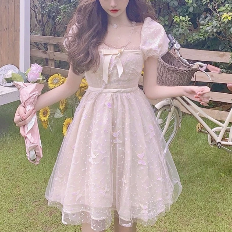 

2021 Summer Sweet Solid Fairy Dress Retro Kawaii Short-sleeved Belted Mini Dress for Women Pretty Chic Bowknot Lace Beach Dress
