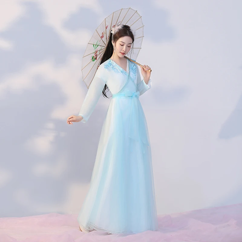 

Chinese traditional costume Oriental dress Hanfu women classic stage blue embroidered skirt set Guzheng costume Fairy skirt suit