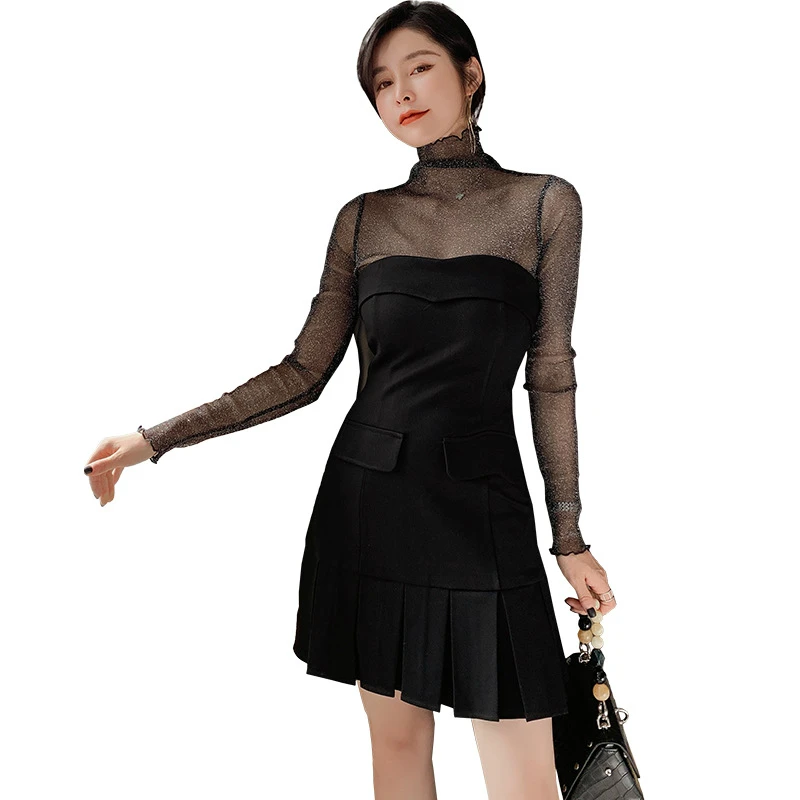 

2020 Spring Summer Sexy Club Two Piece Set for Ladies Mesh Pullover and Strapless Tight Pleated Mini Dress Women 2 Piece Set