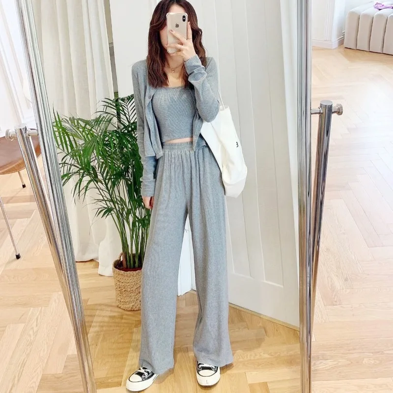 

Women 2023 Summer Casual 3pc Pant Suits Sporting Crop Top&Shirt Cardigan&Wide Leg Pants Suits Tracksuit Three Pieces Sets Y779