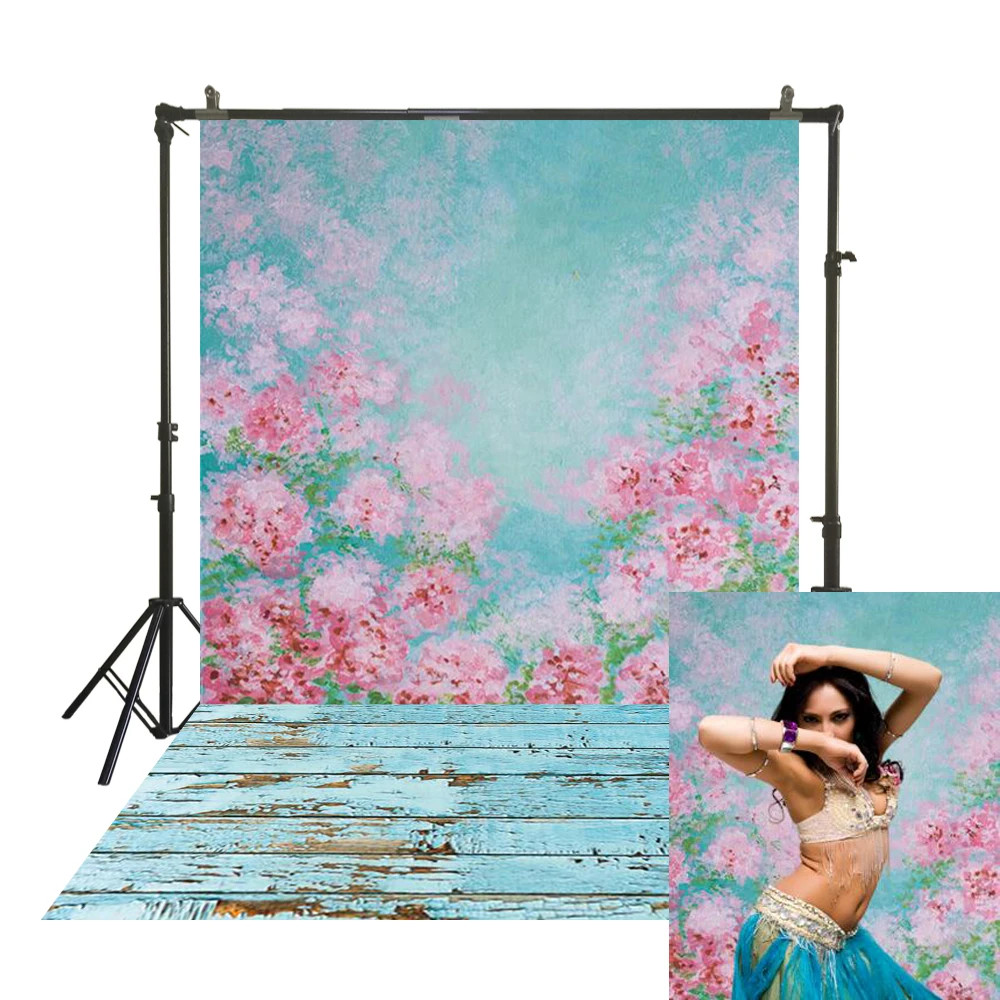 

Flowers Photographic Backdrop Polyester Cloth Wood Floor Rustic Blue Pink Floral Back Drops Kid Portrait Studio Booth Background