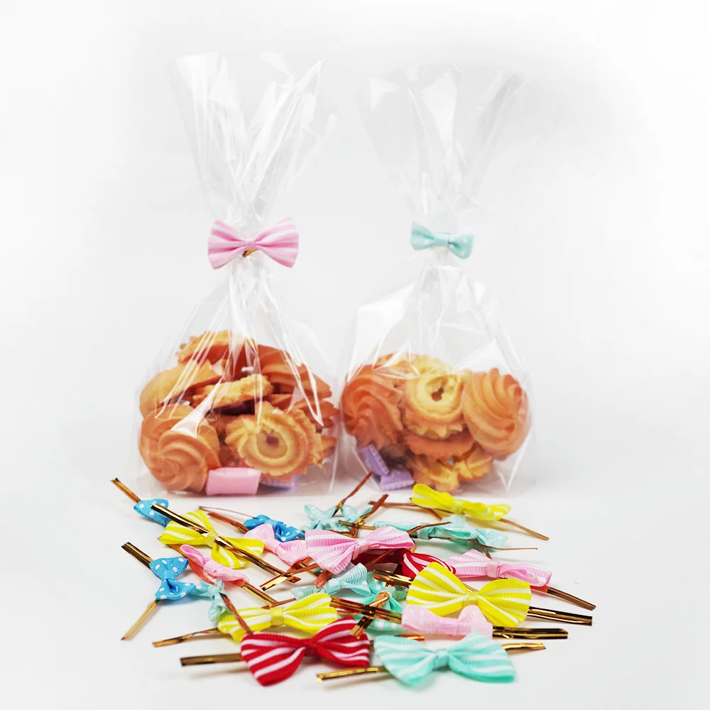 100 штук золотой проволочный бант связывание бантов для упаковки подарков с пакетами для упаковки конфет, леденцов и закусок.