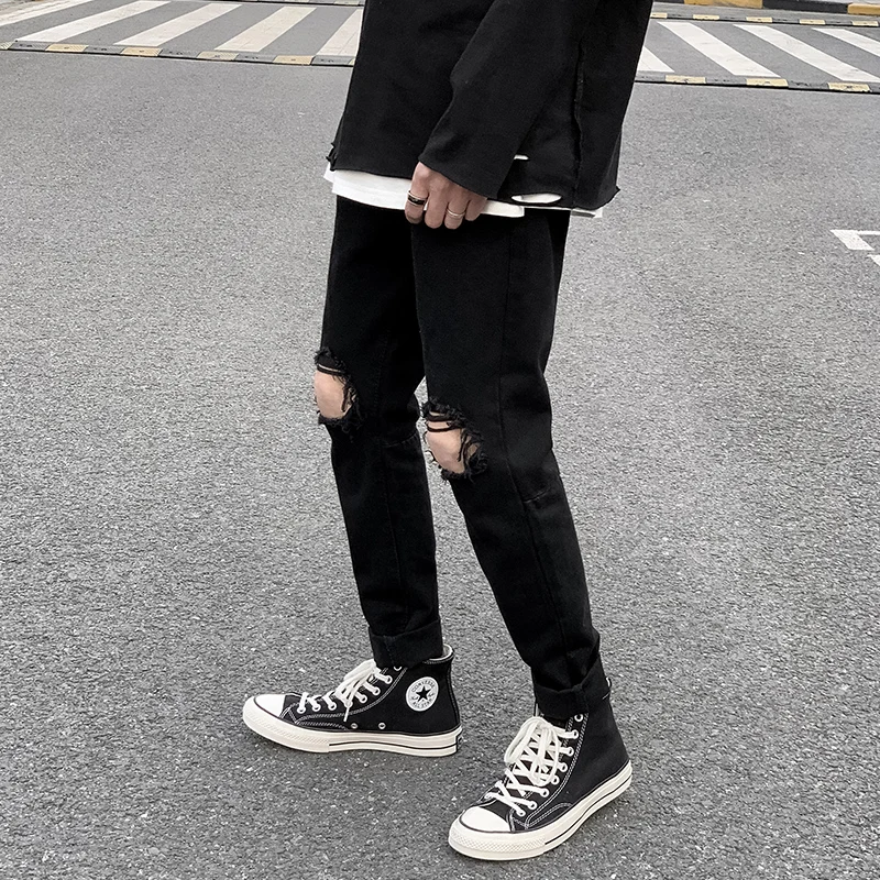 

Knee Ripped Jeans Men's Straight Loose All-Match Cropped Douyin Online Influencer Fashion Brand Hip-Hop Street Trendy Pants