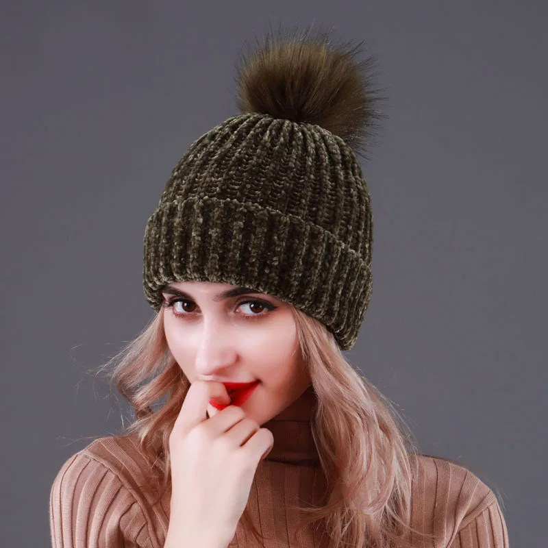 Женская Шапка бини из синели с помпоном зимние теплые шапки вязаная шапка