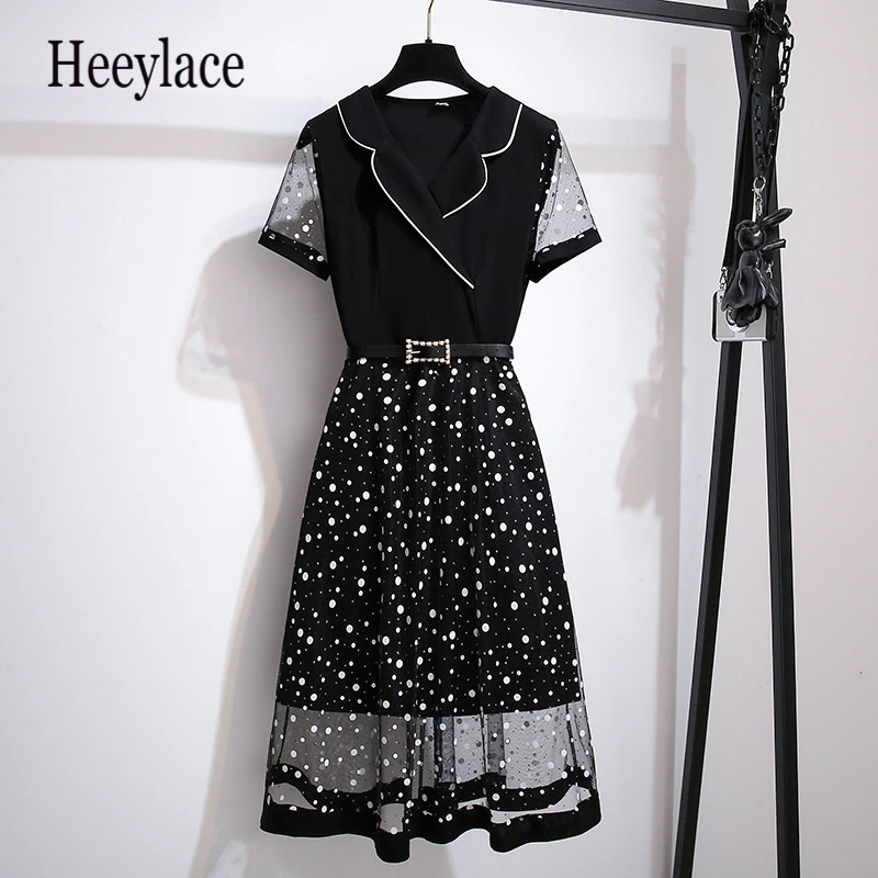 Женское элегантное корейское платье размера плюс летнее Сетчатое в горошек с