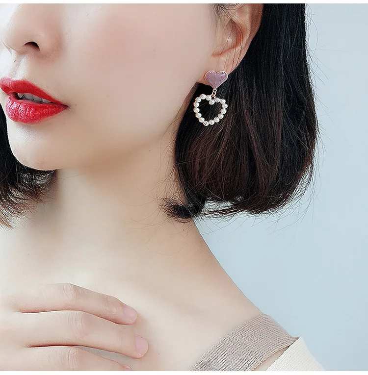 

S needle Fashion Heart Jewelry Sweet Romatic Resin Pearl Enamel Stud Earrings Elegant Dangle Drop Earrings Party Gift