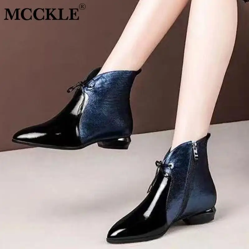 MCCKLE Woman Pointed Toe Lace Up Low Heels Ankle Boots Women's Patent Leather Short Boots Mixed Color Female Ladies Zip Shoes