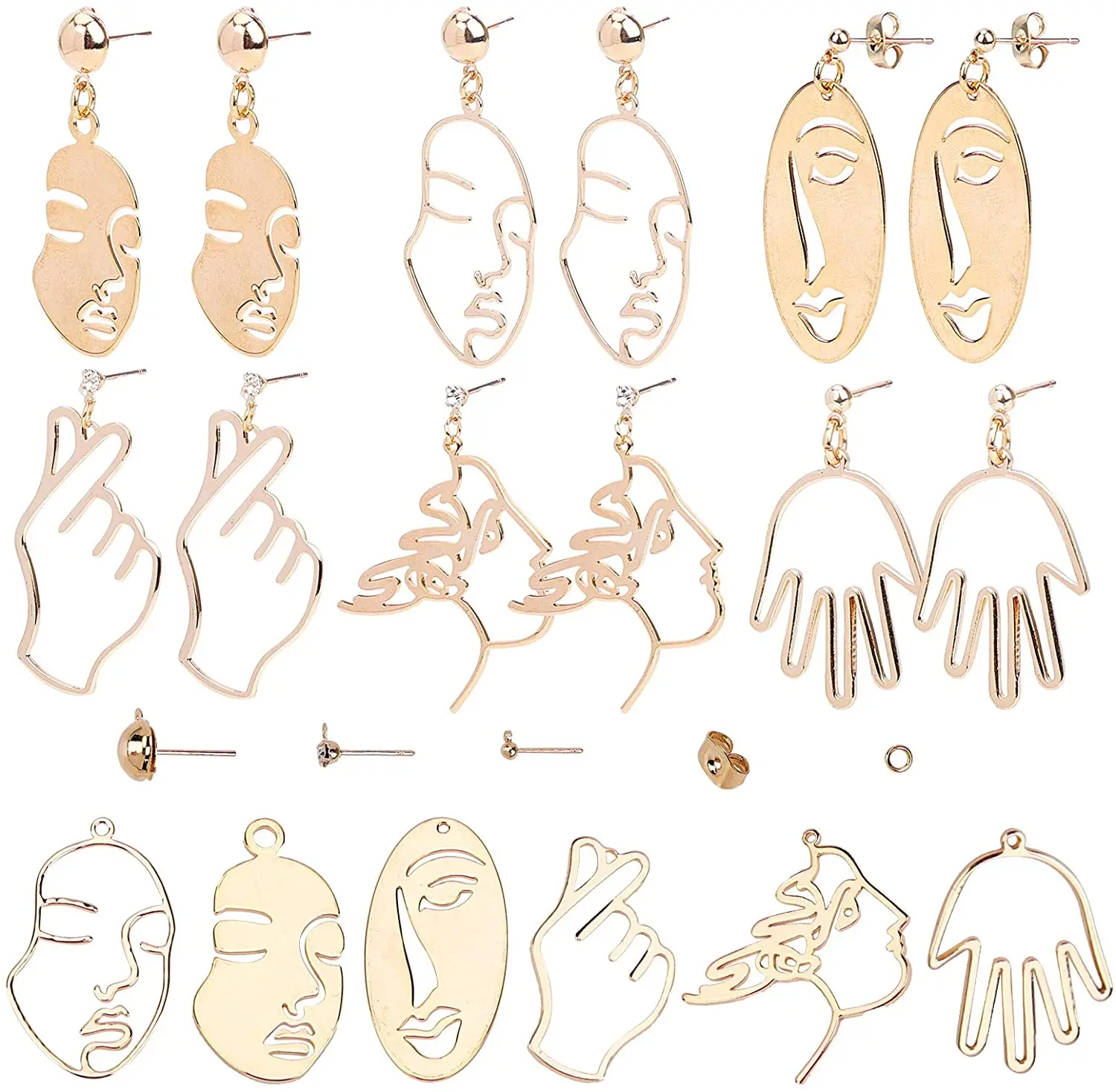 

12Pcs 6 Styles Face Abstract Design Earrings for Women Face Hand Earrings Hollow Shaped Geometric Earrings Findings Making Kits