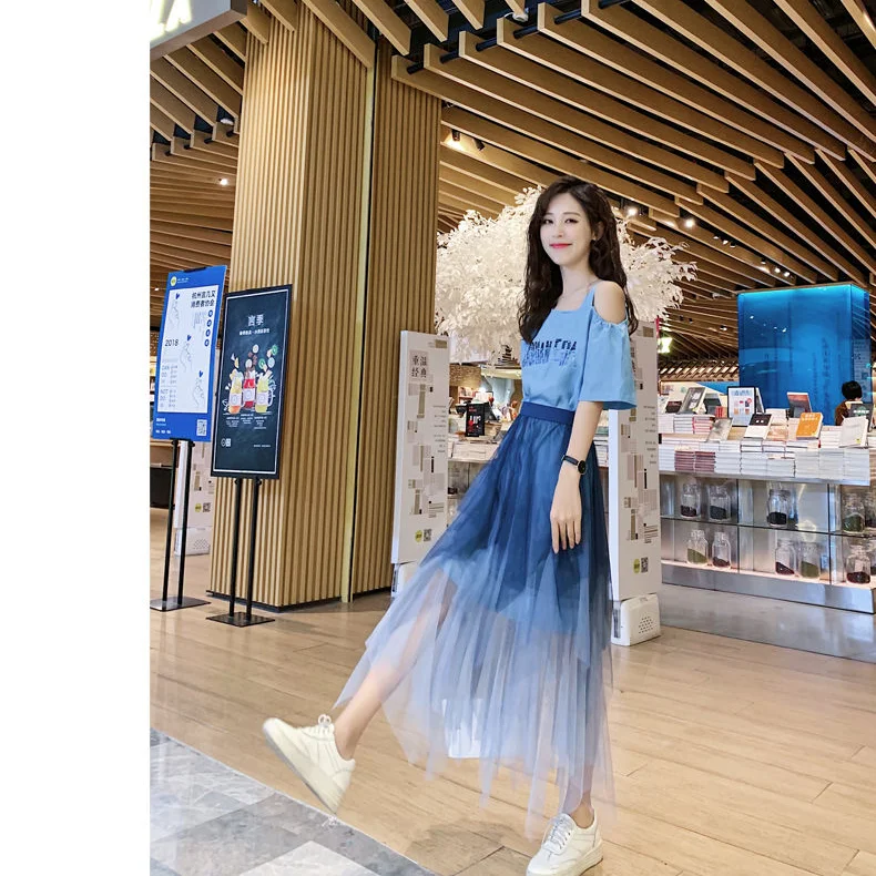 

2 Piece Women Summer Shirt Veil Tiered Skirt Outfits Suit