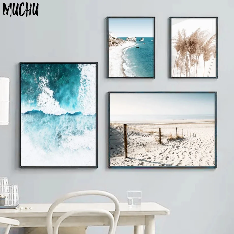 Canvas Art Blue Sea Bridge Reed Beach Sailboat Quote Landscape Painting Nordic Wall Pictures For Living Room Decor Gift | Дом и сад