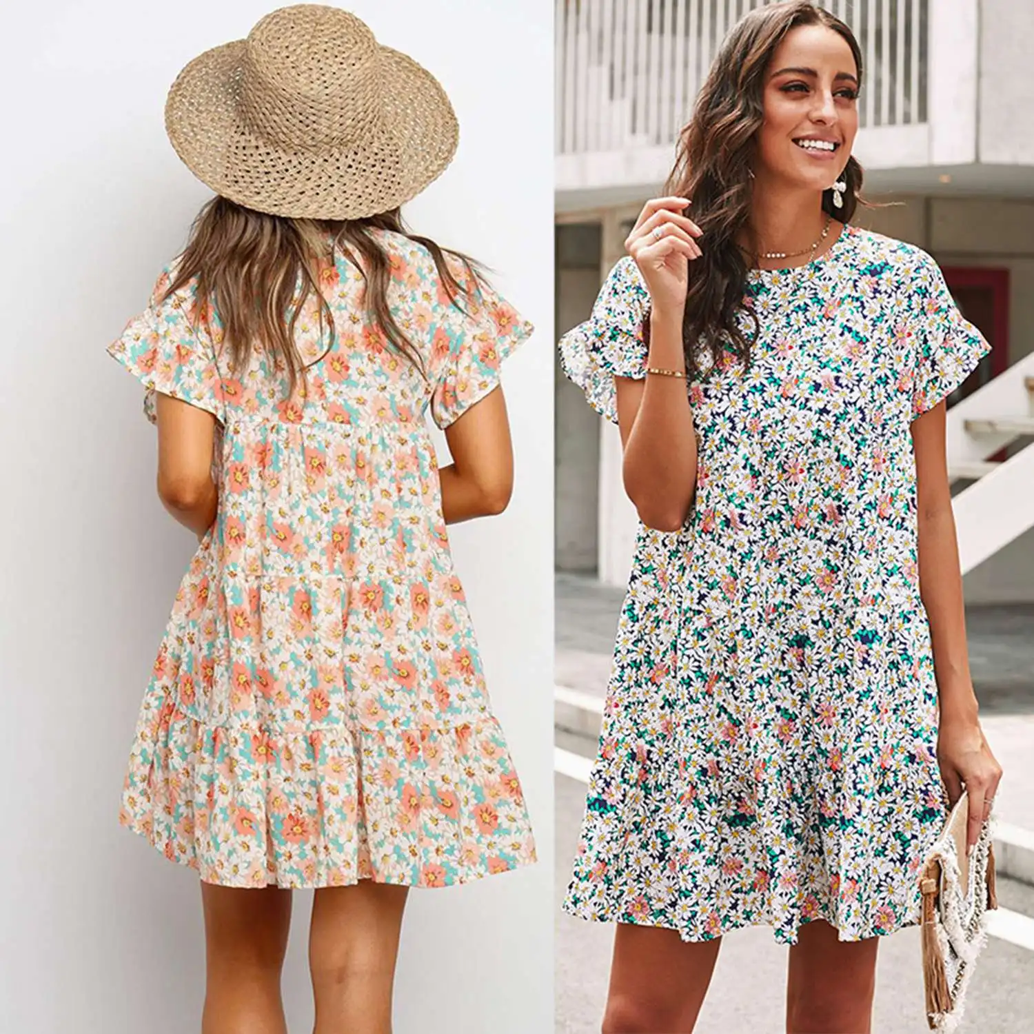 

Women's Summer Boho Floral Printed Ruffle Short Sleeve Casual Mini Swing Dress