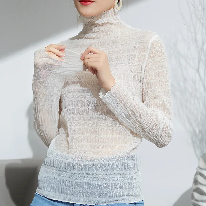 

Женская Прозрачная Футболка, прозрачный сетчатый топ с высоким воротником, стильная Лидер продаж, Женская белая кружевная Сексуальная черн...