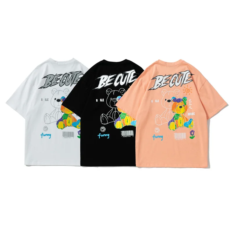 

Summer Hipster Harajuku Hip Hop Bear Print Short Sleeve Tops Tees Men And Women Casual Loose 100% Cotton T-shirts Fashion Couple
