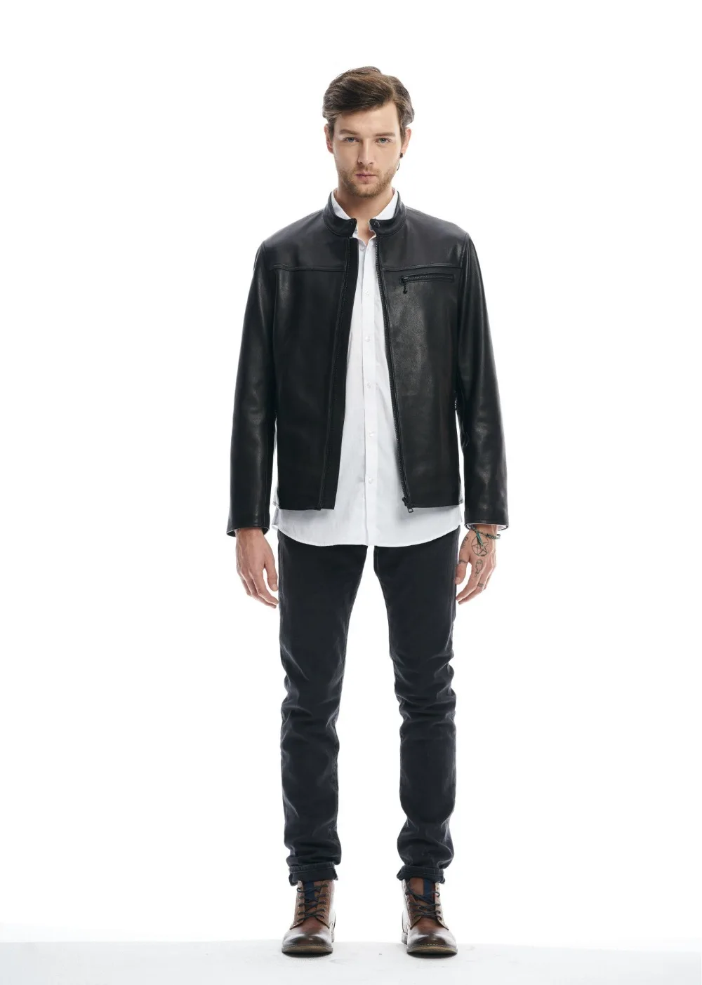 arrivals men's stand collar new genuine simple style casual motorcycle jacket hight quality leather coat |