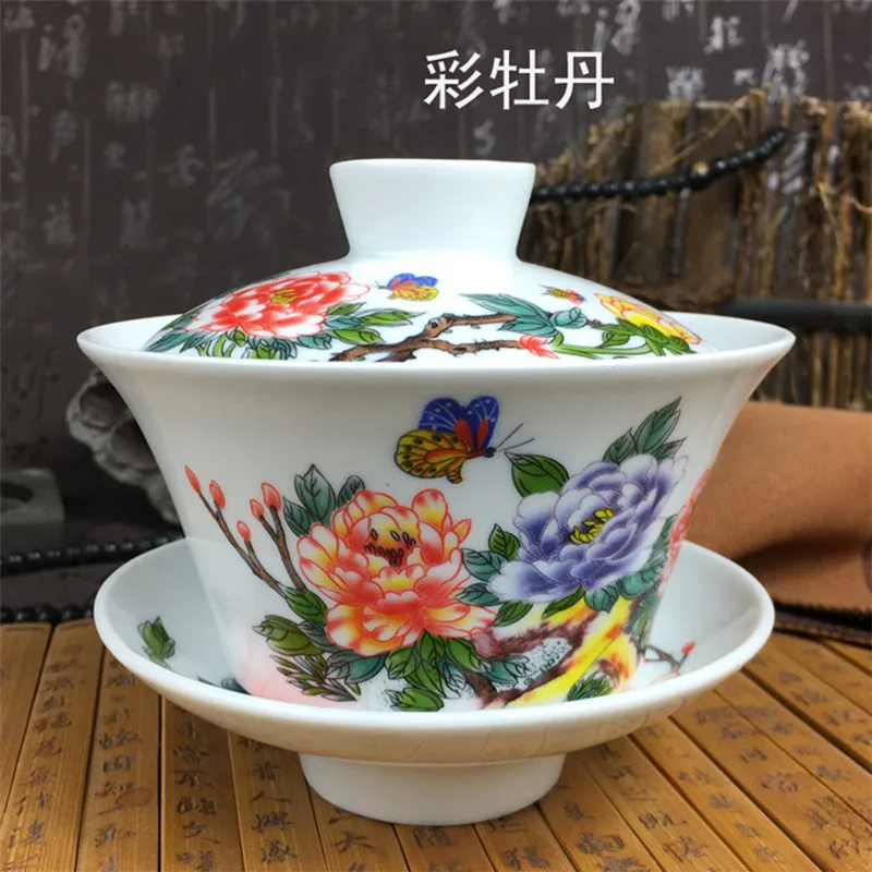 Color Peony Sancai gaiwan Цзиндэчжэнь фарфор 200 мл восемь сокровища чайная чаша китайский синий и белый фарфор чайная чашка и блюдце набор - Цвет: Color Peony