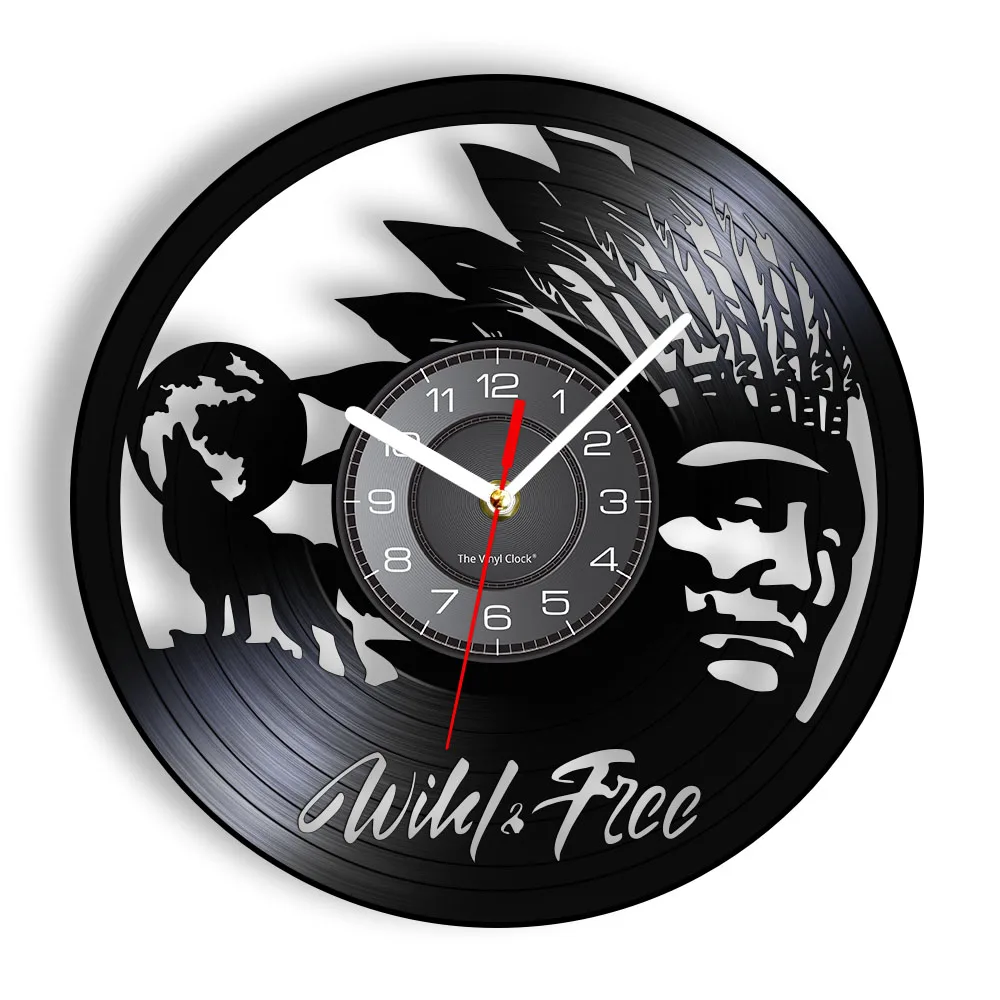 Wild Free Spirit Howling Wolf Vinyl Record Clock Independent Symbol Chief Indian Headdress Tribal Home Decor  Retro Timepieces