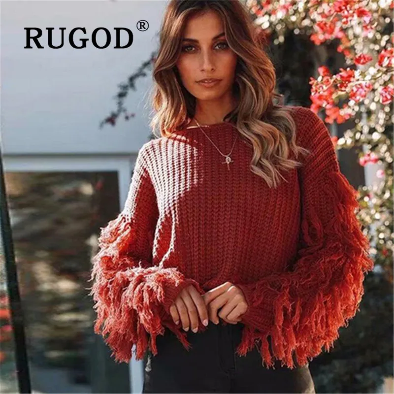 RUGOD/трикотажное женское платье с кисточками на рукавах зима 2019 auturm круглый вырез