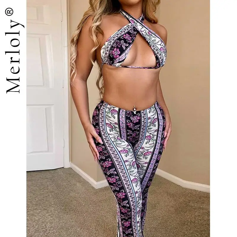 

Женские Облегающие расклешенные брюки с принтом и высокой талией, топ-бюстье с открытой спиной и перекрестной лямкой на шее, новинка 2021, лет...
