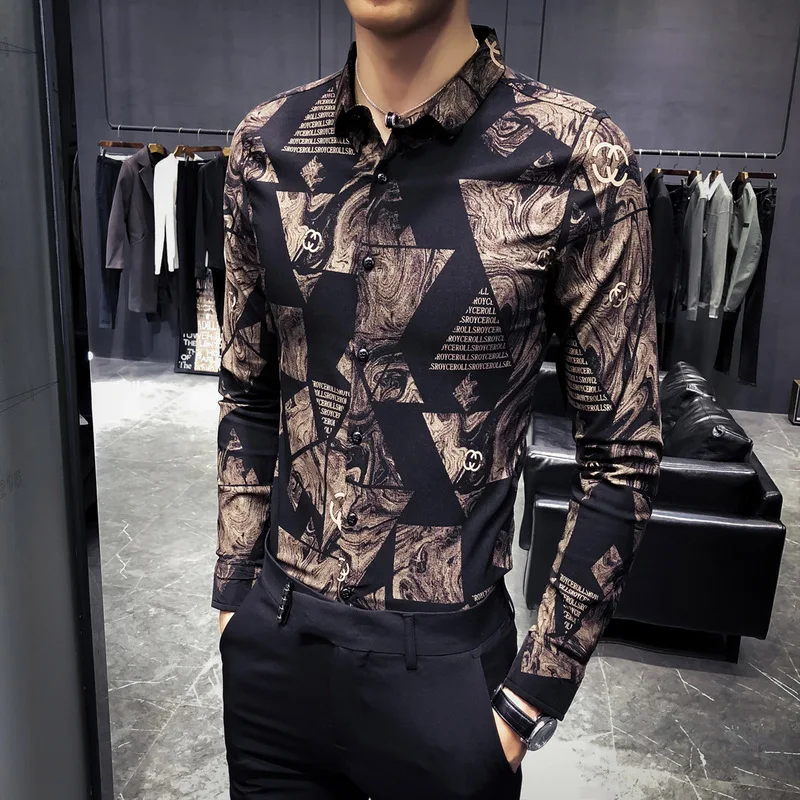 

Long-sleeved Shirt Men's Korean Version of Slim Print Trend Fashion All-match Men's Shirt Handsome Hair Stylist Inch Shirt