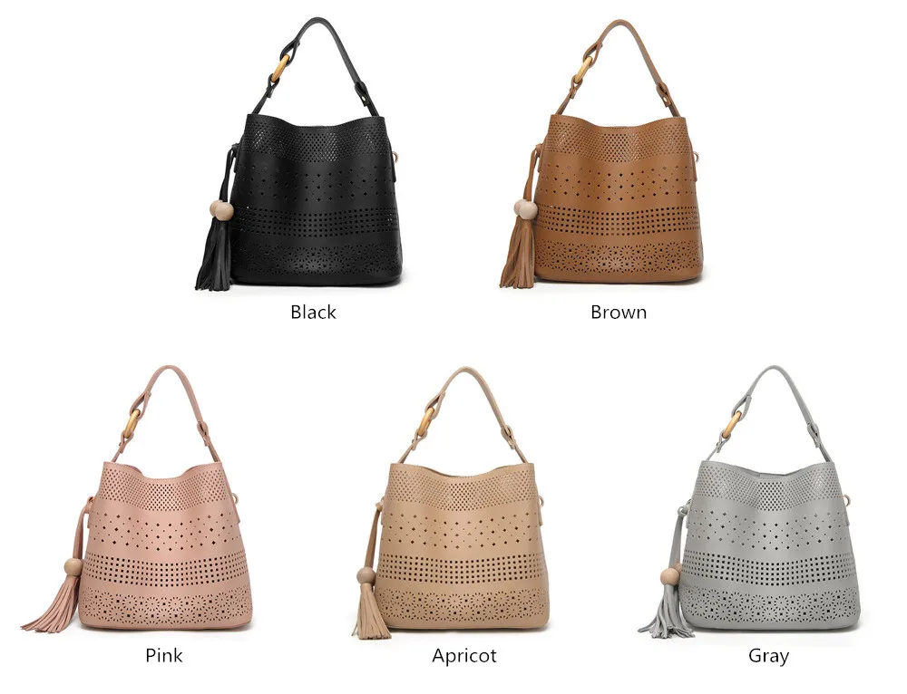 

Brand Leather Tassel Handbag Women Designer Hollow Out Shoulder Bags Ladies Purses Composite Bucket Crossbody Bag Bolsas